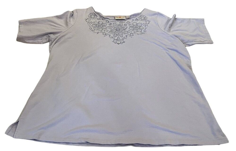 Quacker Factory Top Shirt Women 1X Lilac Purple Embroidery & Rhinestones VTG